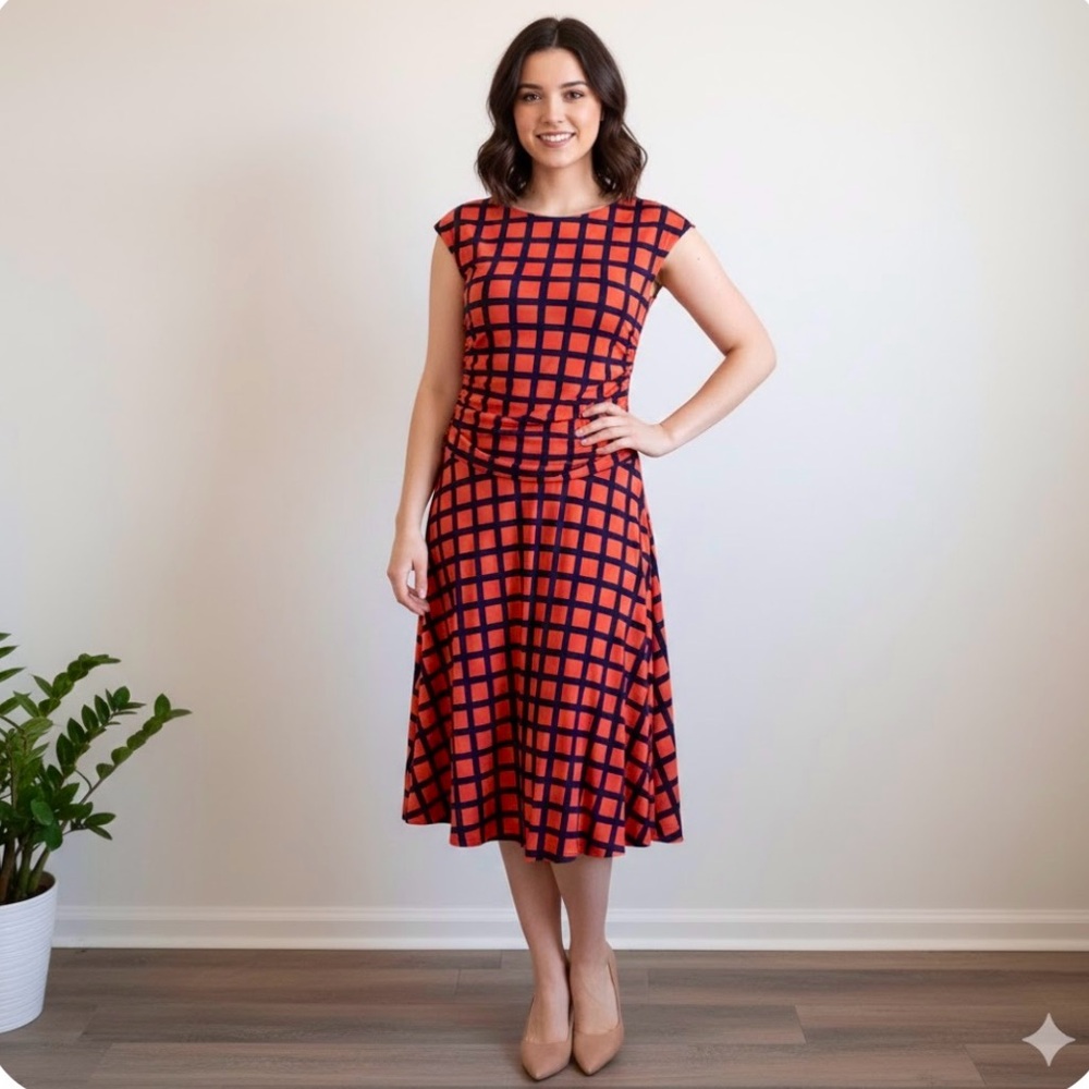 Enfocus Studio Blue and Orange Fit and Flare Midi Dress